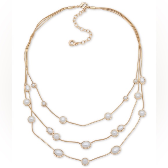 Anne Klein 16 Inch Satin Station Multi Row Blanc Pearl Necklace, Layered Pearl - Picture 2 of 2